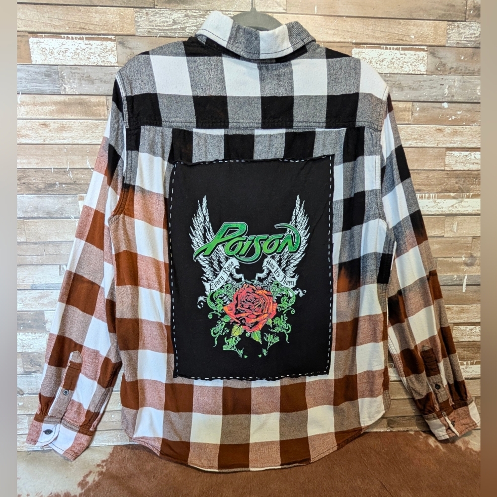 Poison Black/White Upcycled Handcrafted Dip Dye Bleach Flannel Shirt